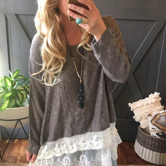 GRAY SHEER LACE HEM PLUS SIZE SWEATER SHIRT TOP X - Picture 2 of 5